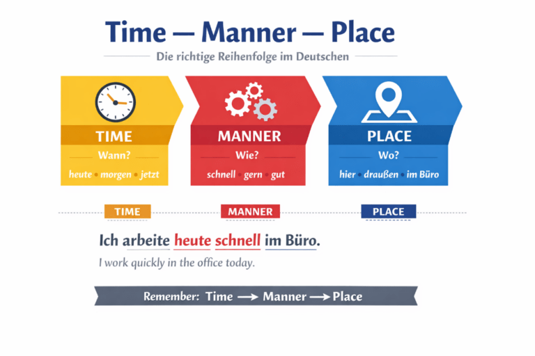 The German time manner place rule in three separate sections in three different colors illustrate how German sentence structure works