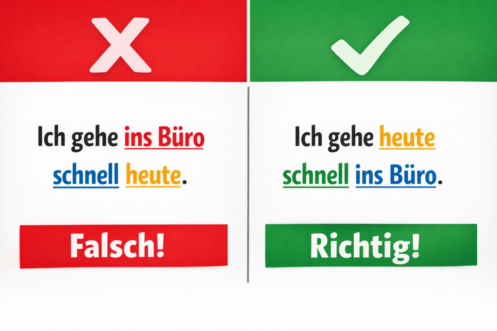 The left show the incorrect word order when using the German time manner place rule and the right shows the correct word order for the rule
