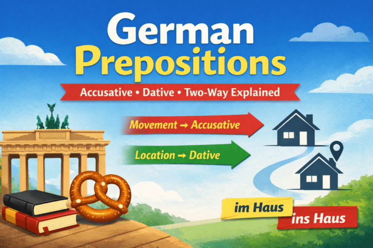 Illustration of German prepositions, accusative, dative, and two way explained with arrows showing movement is accusative and location is dative