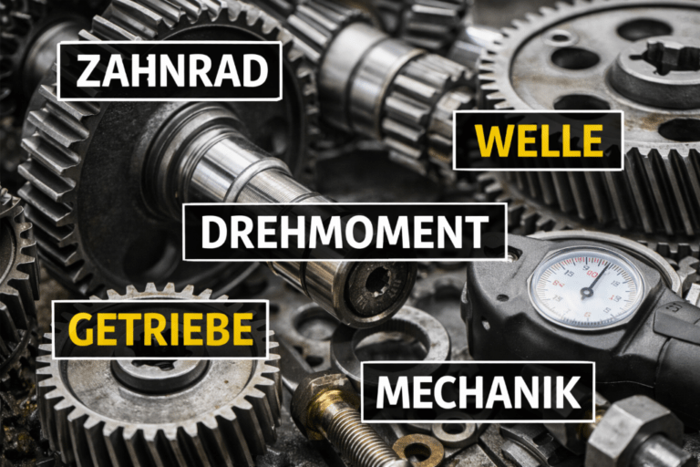 An image of gears with German mechanical engineering vocabulary on top like Welle, Drehmoment, Getriebe, Mechanik, and Zahnrad