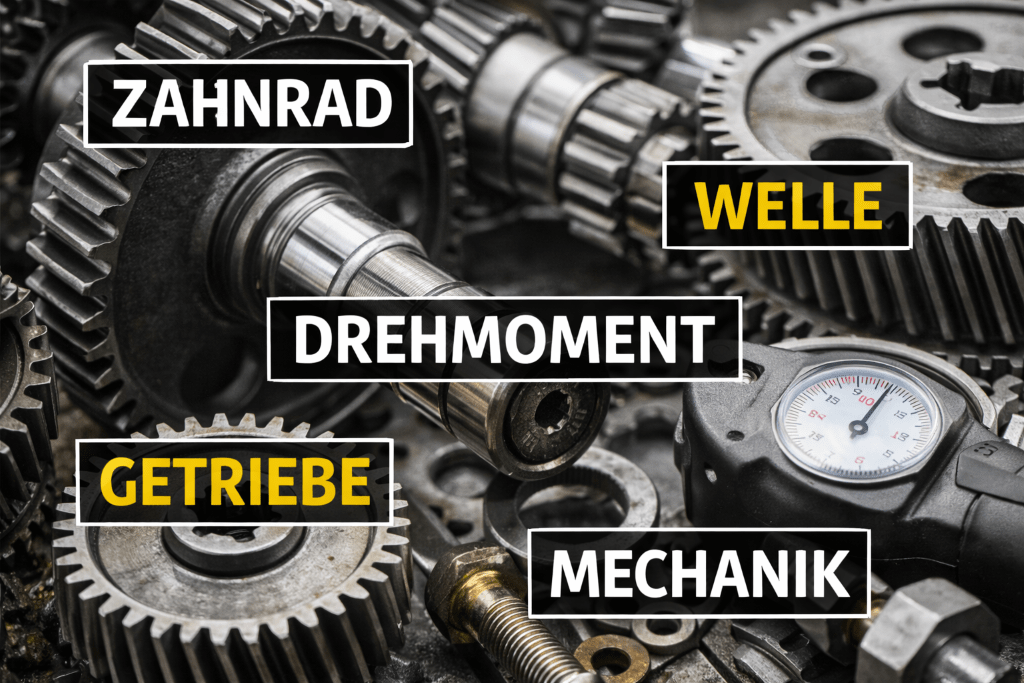 An image of gears with German mechanical engineering vocabulary on top like Welle, Drehmoment, Getriebe, Mechanik, and Zahnrad