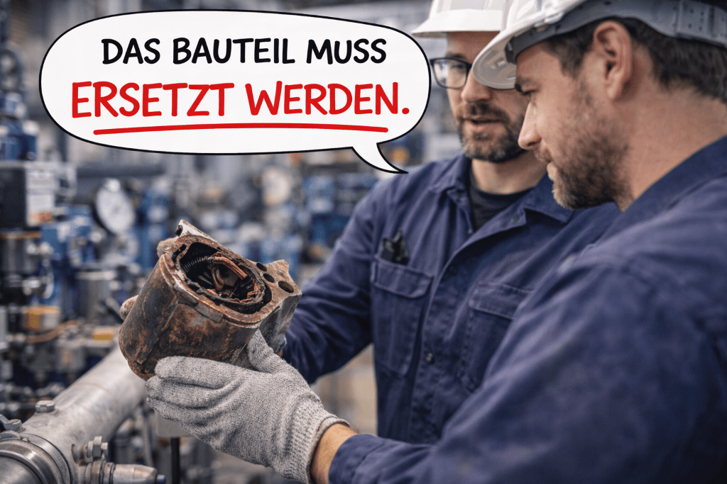 Two mechanical engineers look at a part that needs to be replaced in German