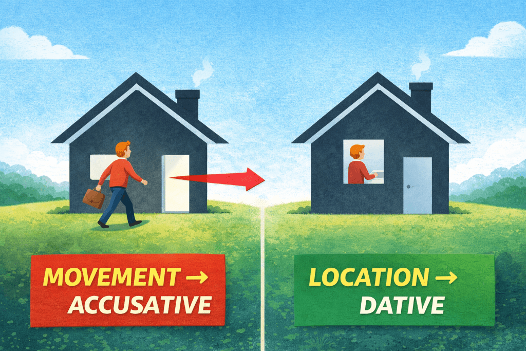 Illustration showing how movement is accusative and locations take the dative case in German