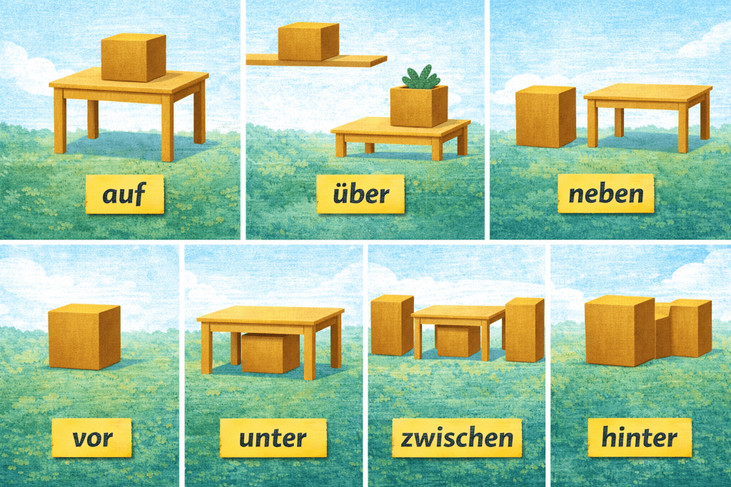 Illustration showing German two way prepositions using a box and table