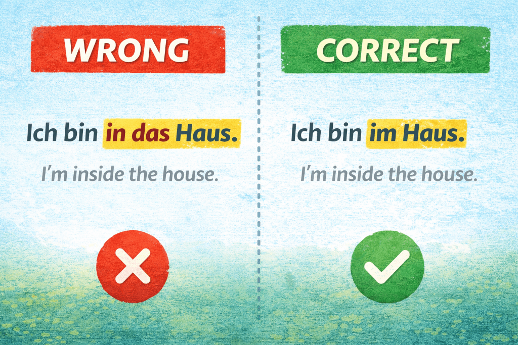 A wrong and correct example of how to use German prepositions with example sentences