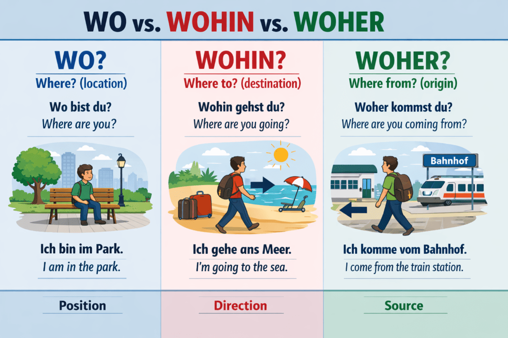difference between wo wohin and woher in German with examples for location destination and origin