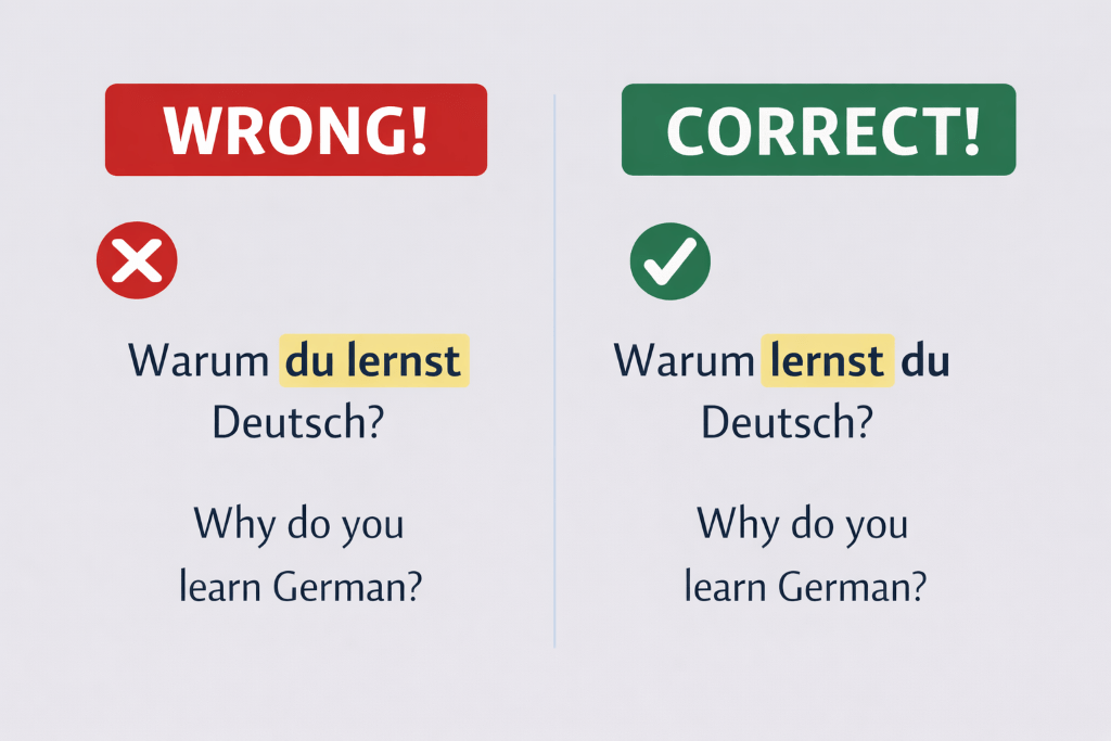 German sentence comparison showing wrong warum du lernst deutsch and correct warum lernst du deutsch word order