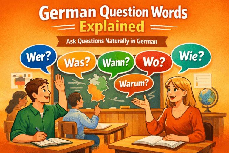German question words explained with speech bubbles showing wer, was, wann, wo, warum, and wie in a classroom scene