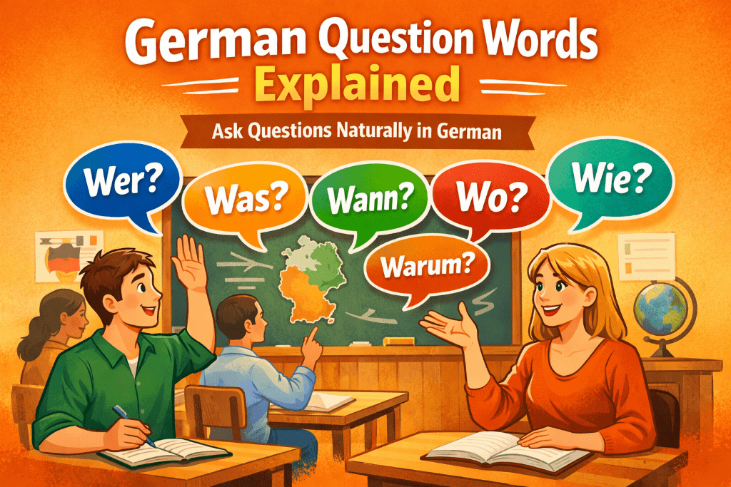 German question words explained with speech bubbles showing wer, was, wann, wo, warum, and wie in a classroom scene