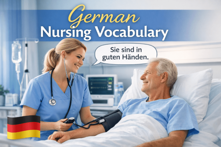 Nurse measuring an elderly patient’s blood pressure in a hospital room with the text German Nursing Vocabulary and a speech bubble saying Sie sind in guten Händen.