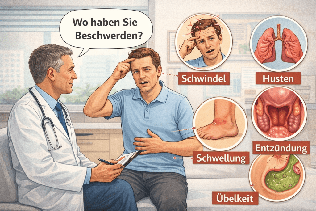 Cartoon patient at the doctor’s office showing symptoms with labeled close-ups for Schwindel, Husten, Schwellung, Entzündung, and Übelkeit.