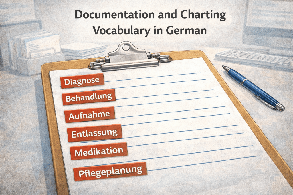 Medical clipboard document labeled with German charting terms Diagnose, Behandlung, Aufnahme, Entlassung, Medikation, and Pflegeplanung.