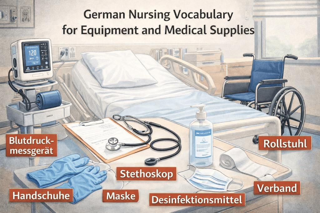 Hospital room illustration labeled in German with Blutdruckmessgerät, Stethoskop, Rollstuhl, Handschuhe, Maske, Desinfektionsmittel, and Verband.