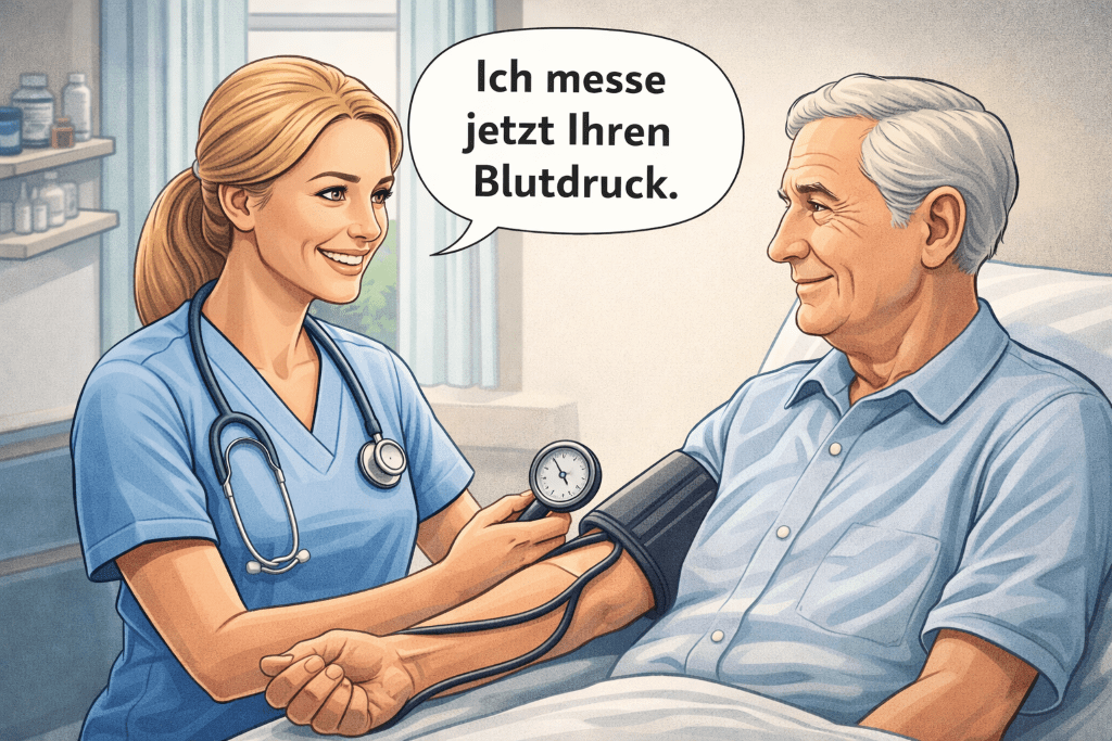 Cartoon nurse taking a patient’s blood pressure in a doctor’s office with a speech bubble that says Ich messe jetzt Ihren Blutdruck.
