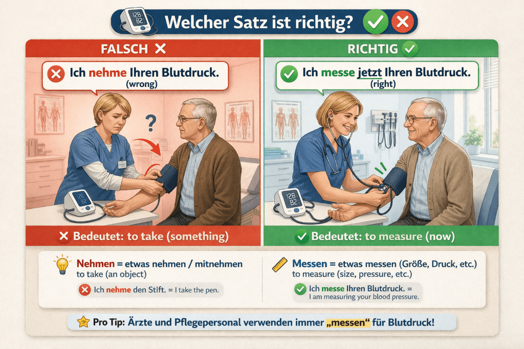 Split comparison image showing the incorrect phrase Ich nehme Ihren Blutdruck and the correct phrase Ich messe jetzt Ihren Blutdruck.