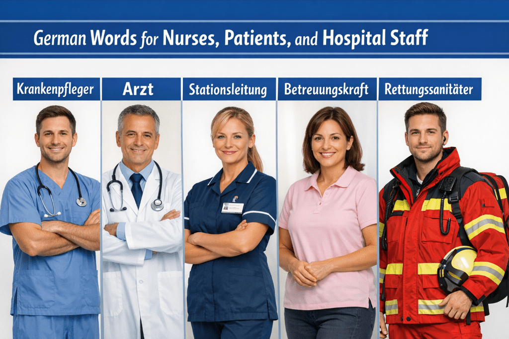 Infographic showing five hospital staff roles in German: Krankenpfleger, Arzt, Stationsleitung, Betreuungskraft, and Rettungssanitäter, each above a person in professional uniform.