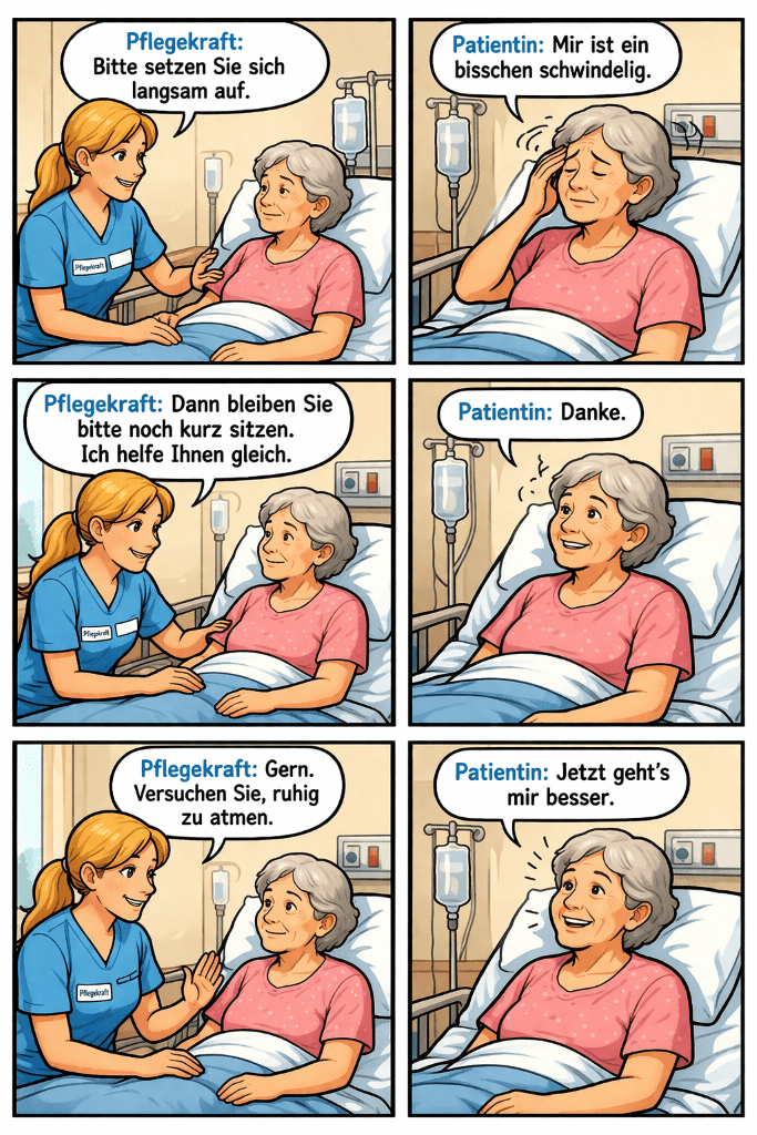 Six-panel comic of a nurse helping a dizzy patient sit up slowly, stay seated, breathe calmly, and then feel better.