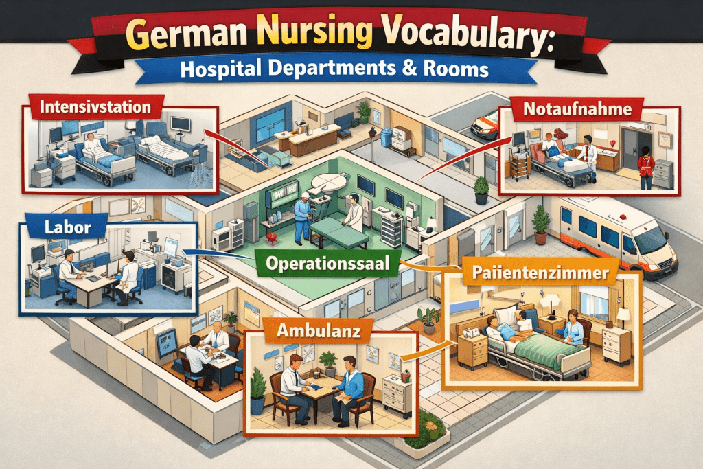 Illustrated hospital floor map labeled in German with Intensivstation, Notaufnahme, Operationssaal, Patientenzimmer, Labor, and Ambulanz.