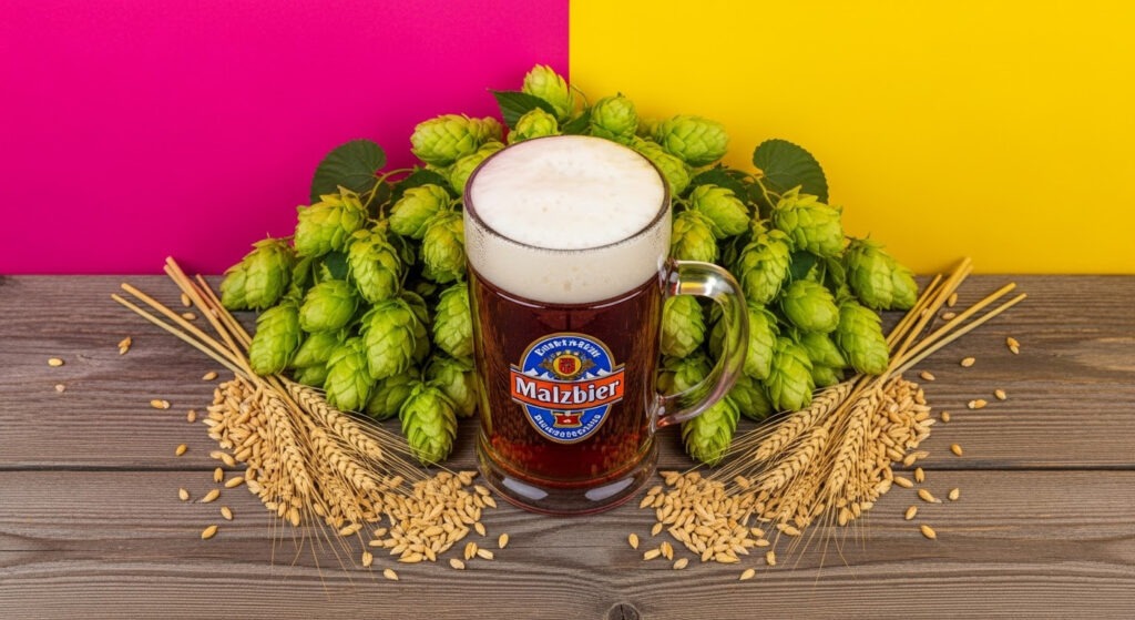 Mazlbier against a wooden tabletop with barley grains and a colorful pink and yellow backdrop