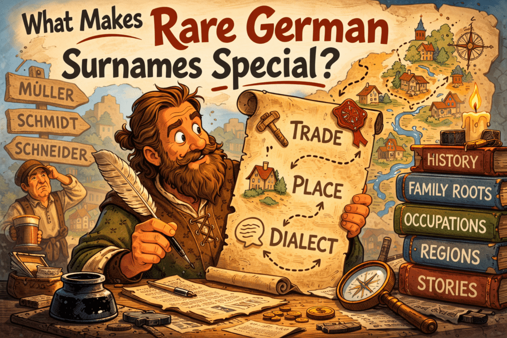 Cartoon showing the history, family roots, occupations, regions, and stories behind German last names
