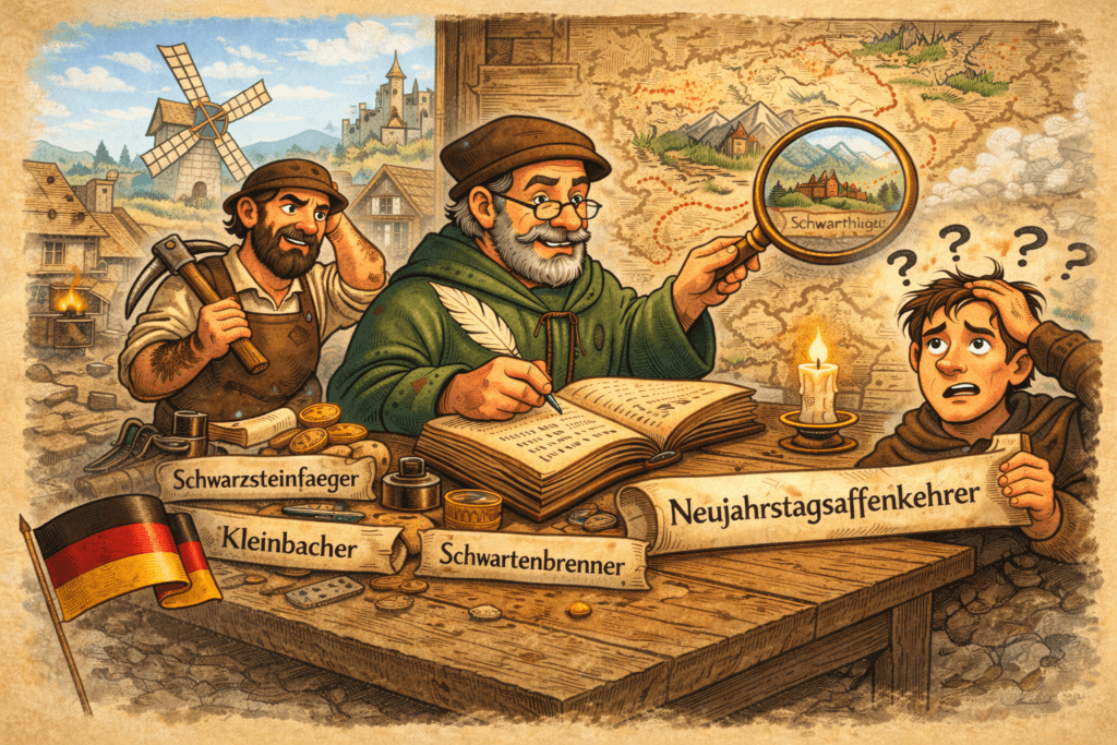 midieval style cartoon of a census taker noting rare German surnames