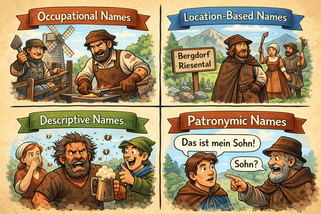 four quadrants show the four major types of German last names