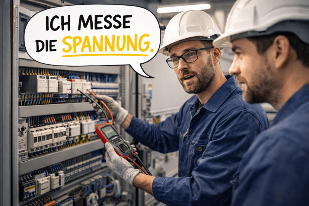 An electrical engineer is telling his coworker that he is measuring the voltage