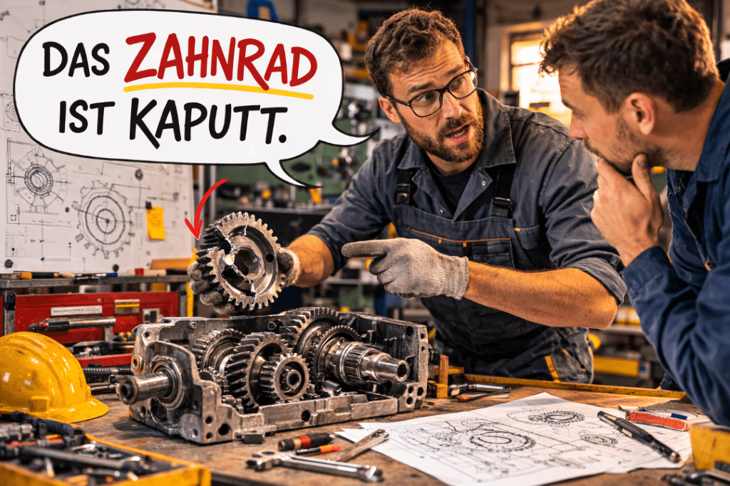 A mechanical engineer telling his coworker that a gear is broken in German