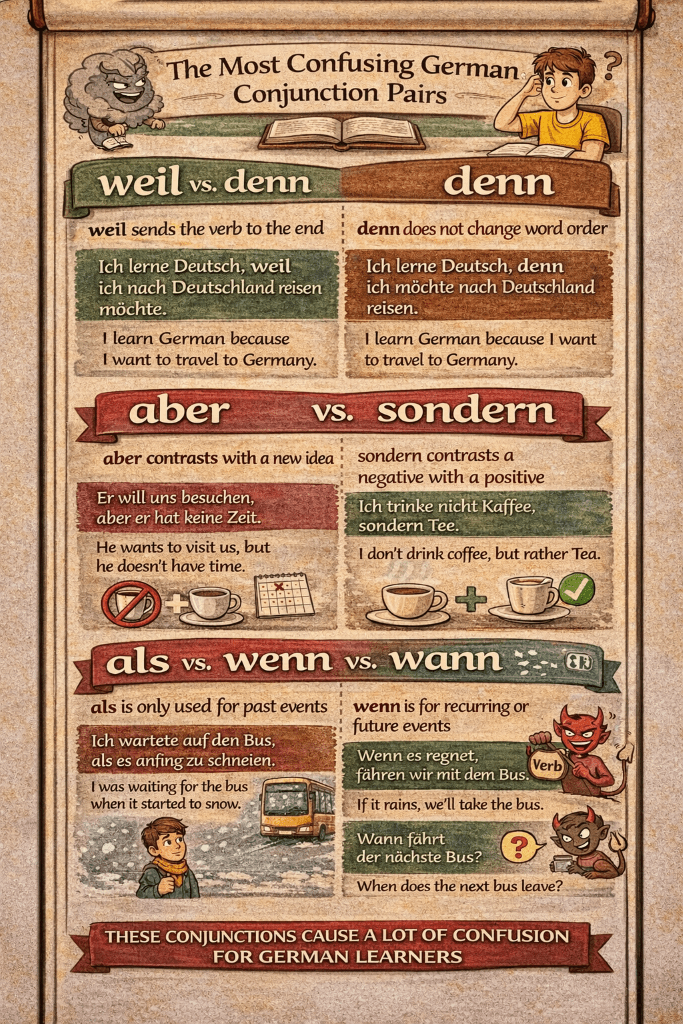 German conjunction comparison infographic showing weil vs denn, aber vs sondern, and als vs wenn vs wann with example sentences