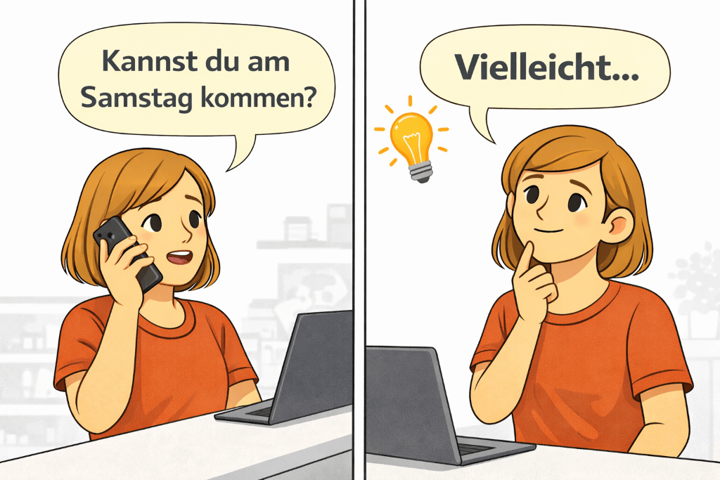 Person talking on the phone responds Vielleicht to show uncertainty in a clean two-panel comic illustration