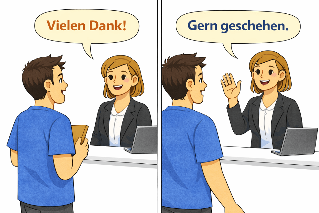 Customer thanks a professional with Vielen Dank and the professional replies Gern geschehen in a two-panel comic