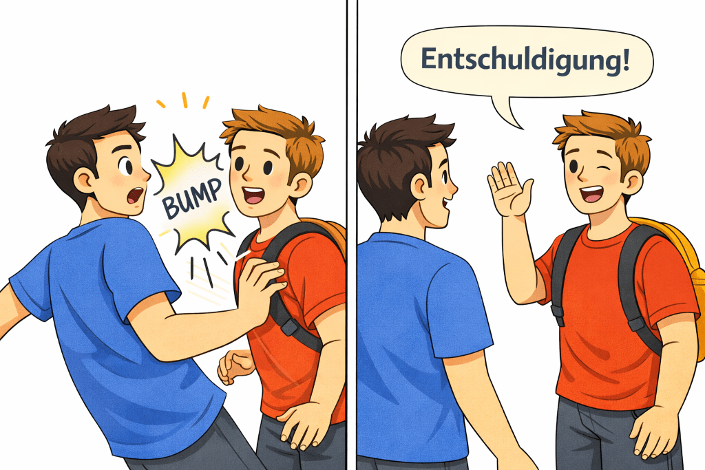 Two people bump into each other and one says Entschuldigung to apologize in a simple comic-style illustration