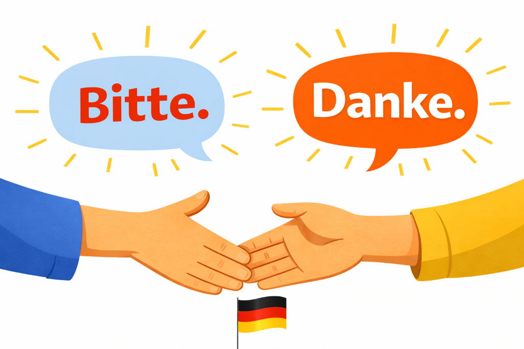 Speech bubbles with Bitte and Danke representing please and thank you in German with clean modern design