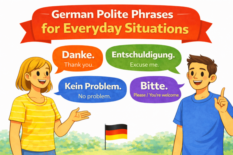 German polite phrases infographic with two people and speech bubbles showing Danke, Entschuldigung, Kein Problem, and Bitte with English translations