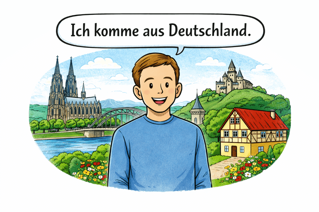 Cartoon man with speech bubble saying Ich komme aus Deutschland in front of a scenic German background with landmarks and village buildings