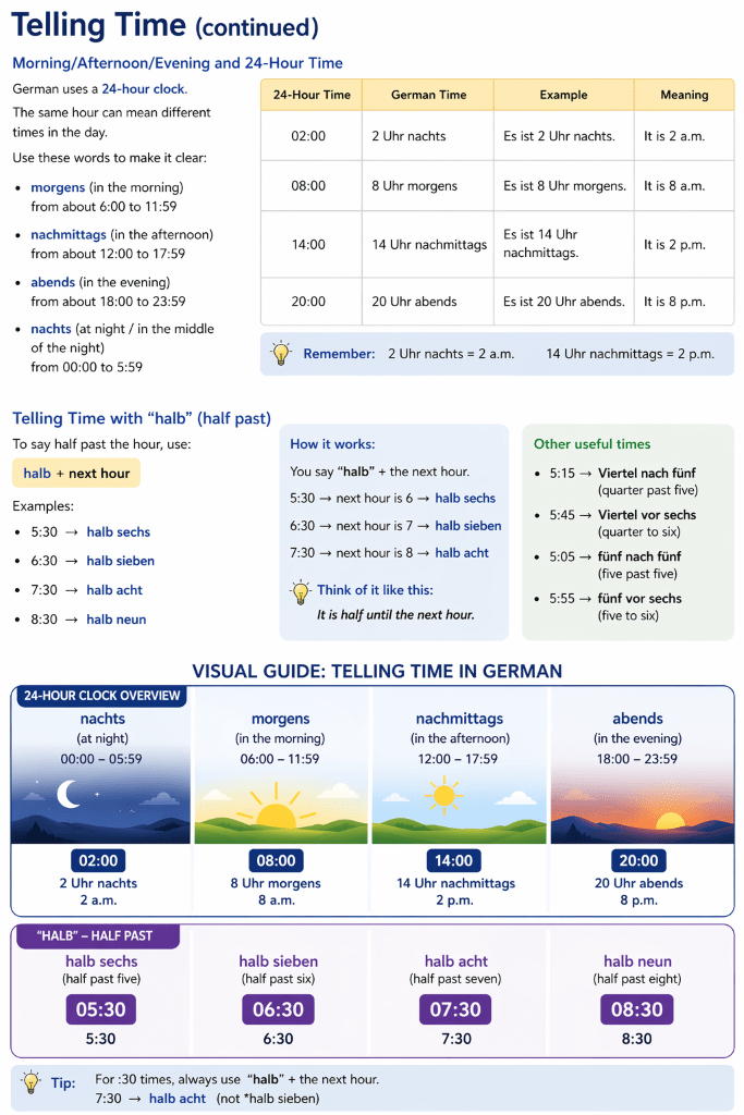 German time telling reference sheet for A1 level beginners