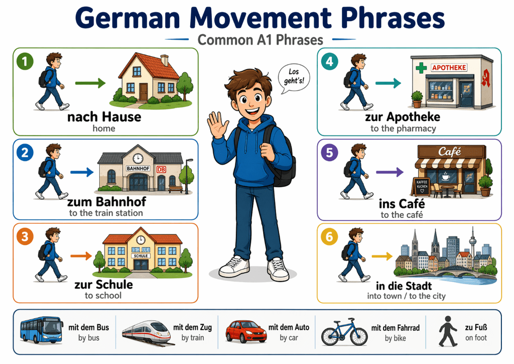 German a1 movement phrases reference sheet infographic