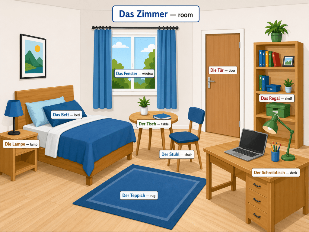 A room with objects labeled in German