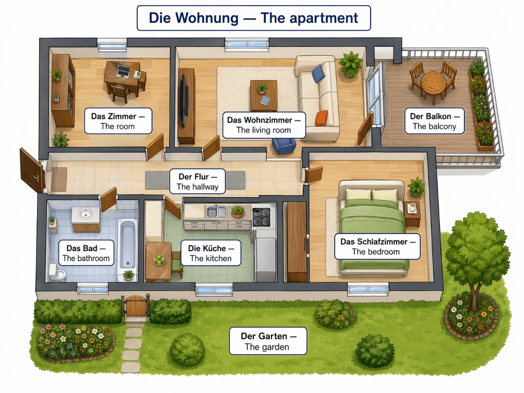 apartment layout with the names of the rooms labeled in German