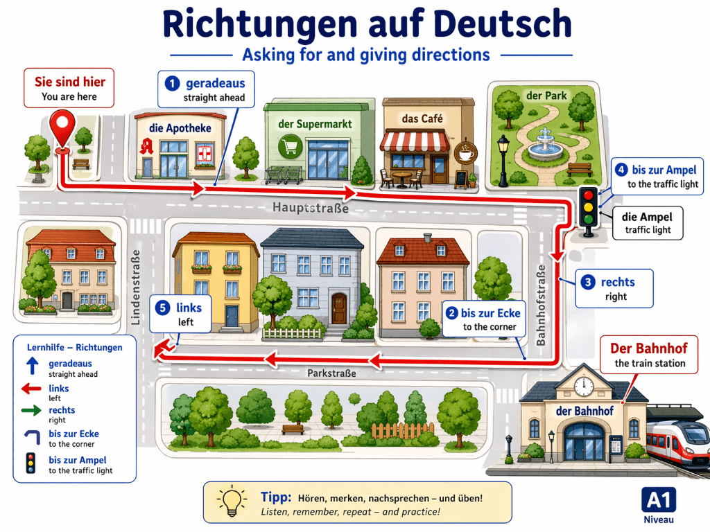 a map illustration showing vocabulary for giving directions in German