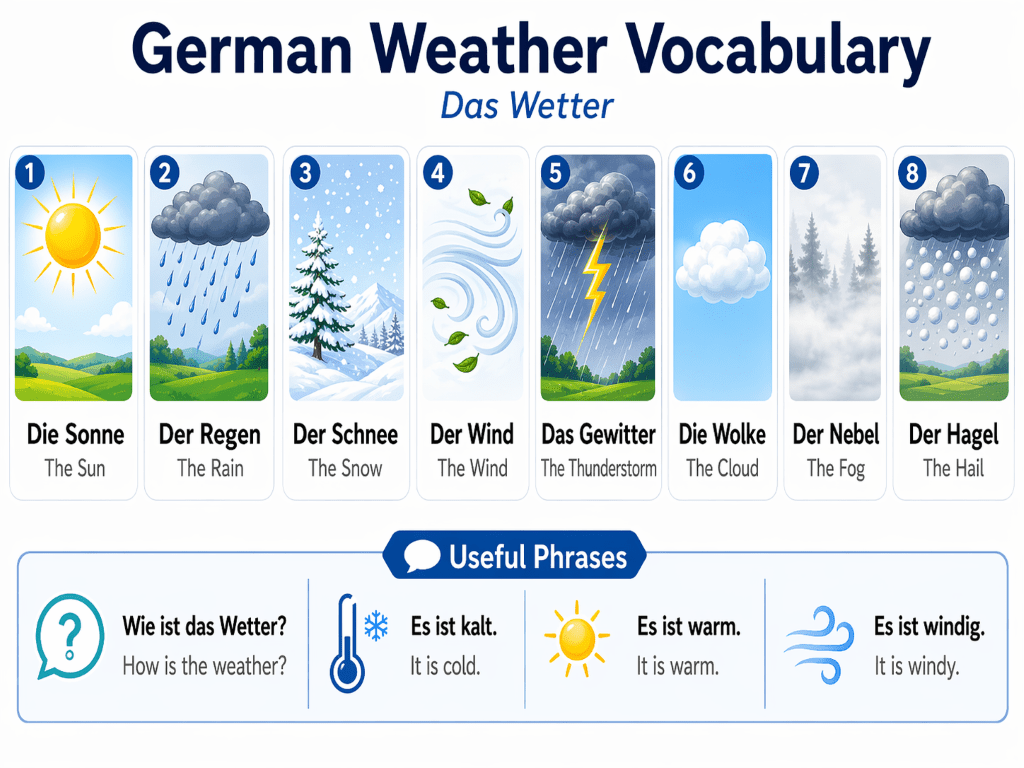 German weather vocablary reference sheet for A1 beginners