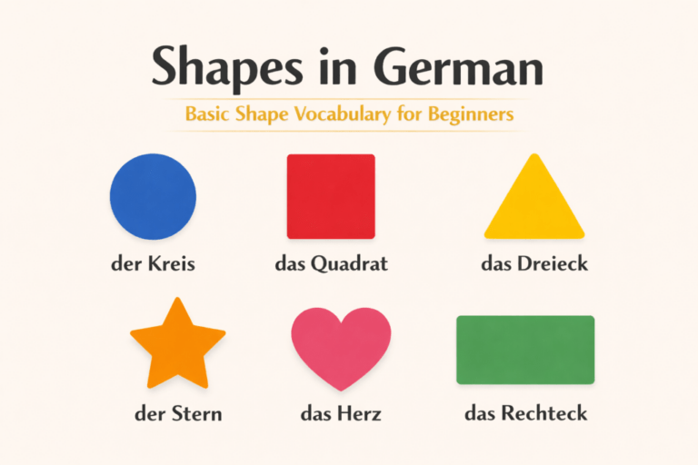 Shapes in German: Basic vocabulary for beginners with six shapes and the German words below them