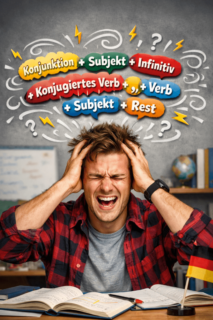 German learner overwhelmed by sentence structure formula showing conjunction, subject, verbs, and word order rules