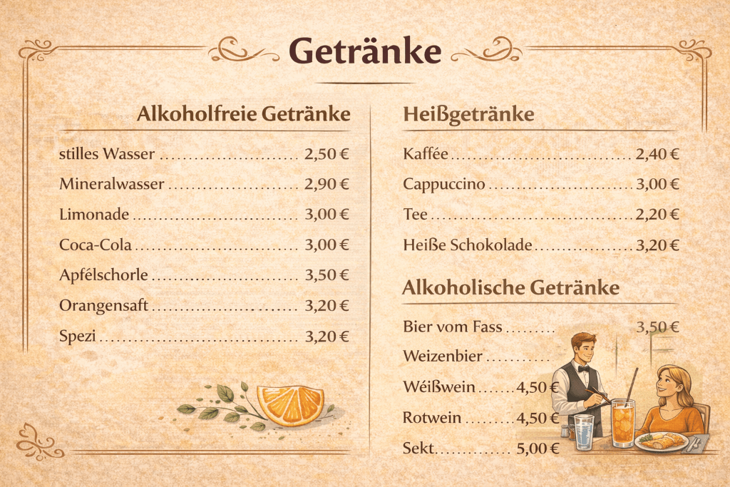 Example of a German drinks menu you might see at a restaurant in Germany