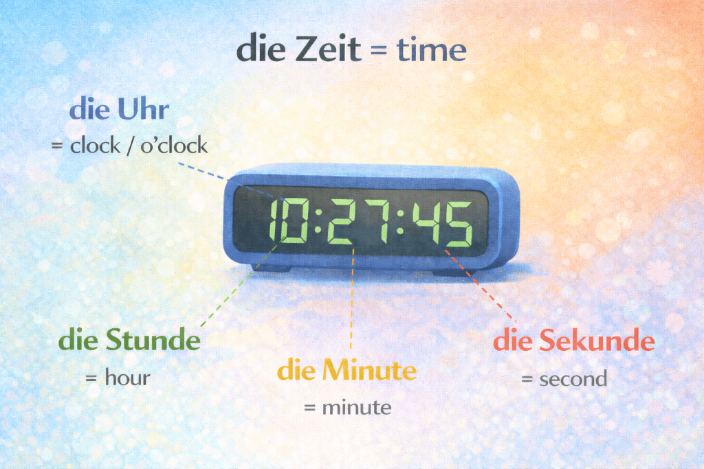 A clock labelled with the parts of the hour in German