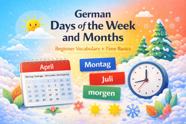 German days of the week and months against a colorful background with a calender, clock, and seasons