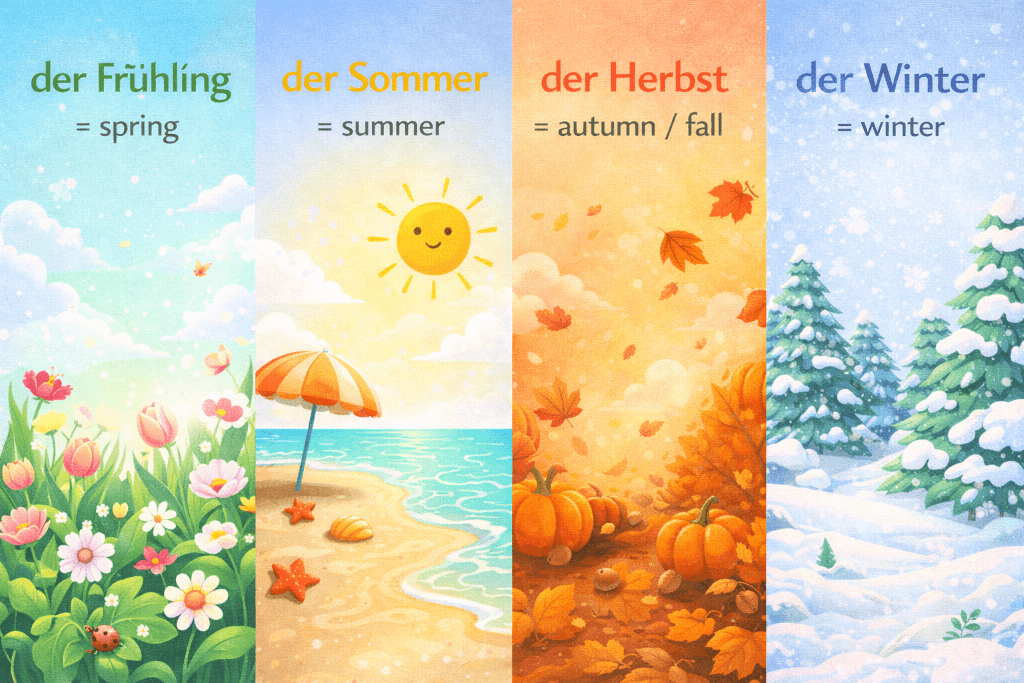 Infographic showing the four seasons and the German words for them
