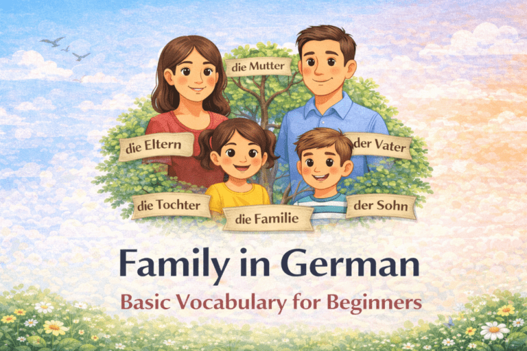 Family in German basic vocabulary for beginners under a family with the names labeled in German