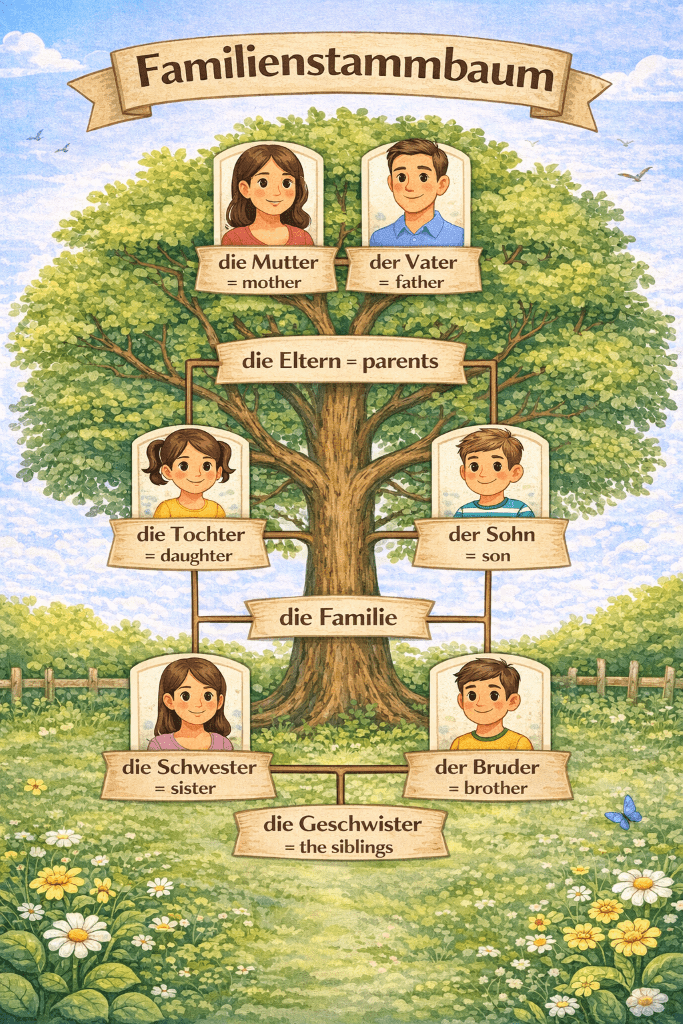 Family tree or in German a Familienstammbaum showing the words for immediate family members