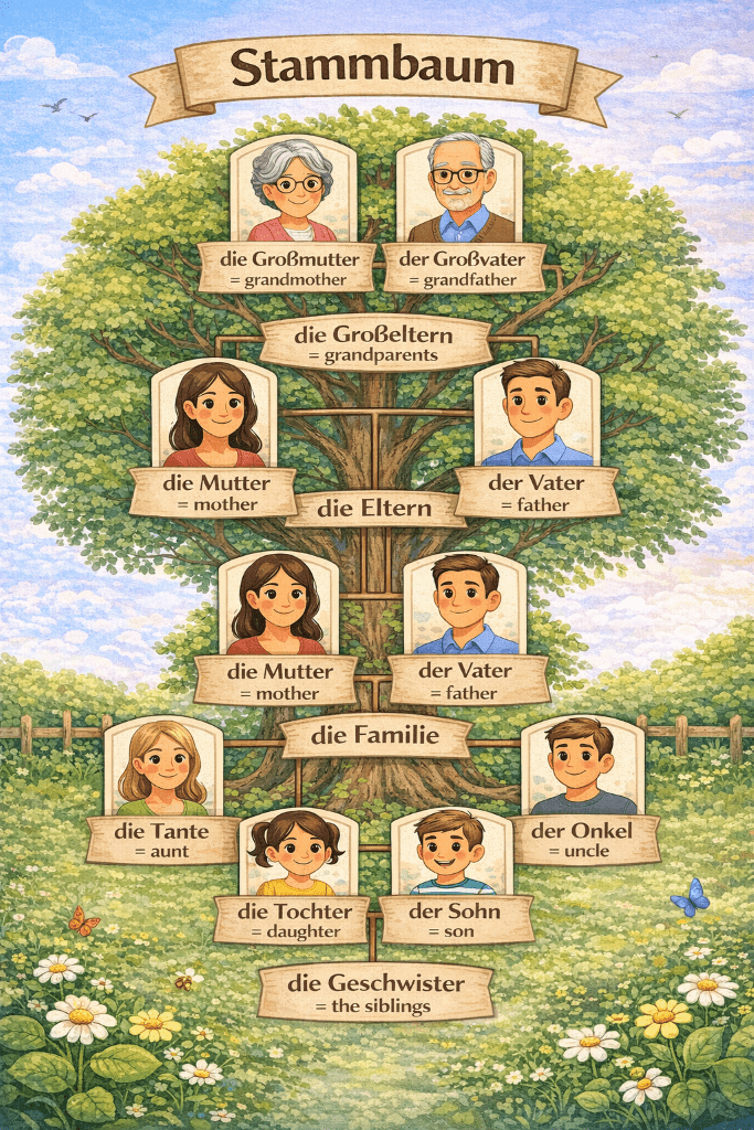 A family tree with the German words for family and extended family members